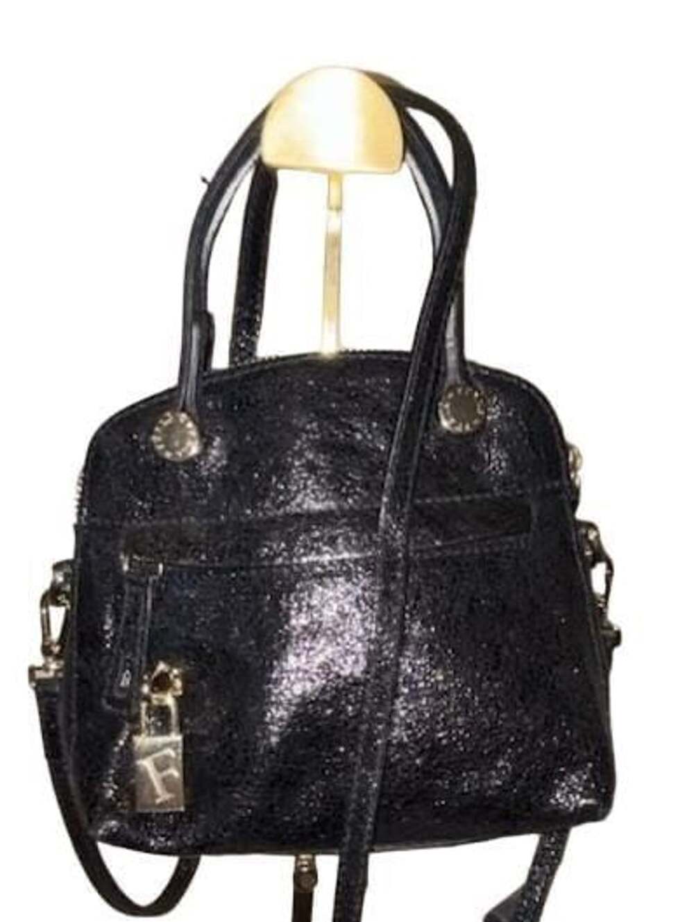 Furla Black Metallic Genuine Leather Mini Dome Satchel Crossbody Bag